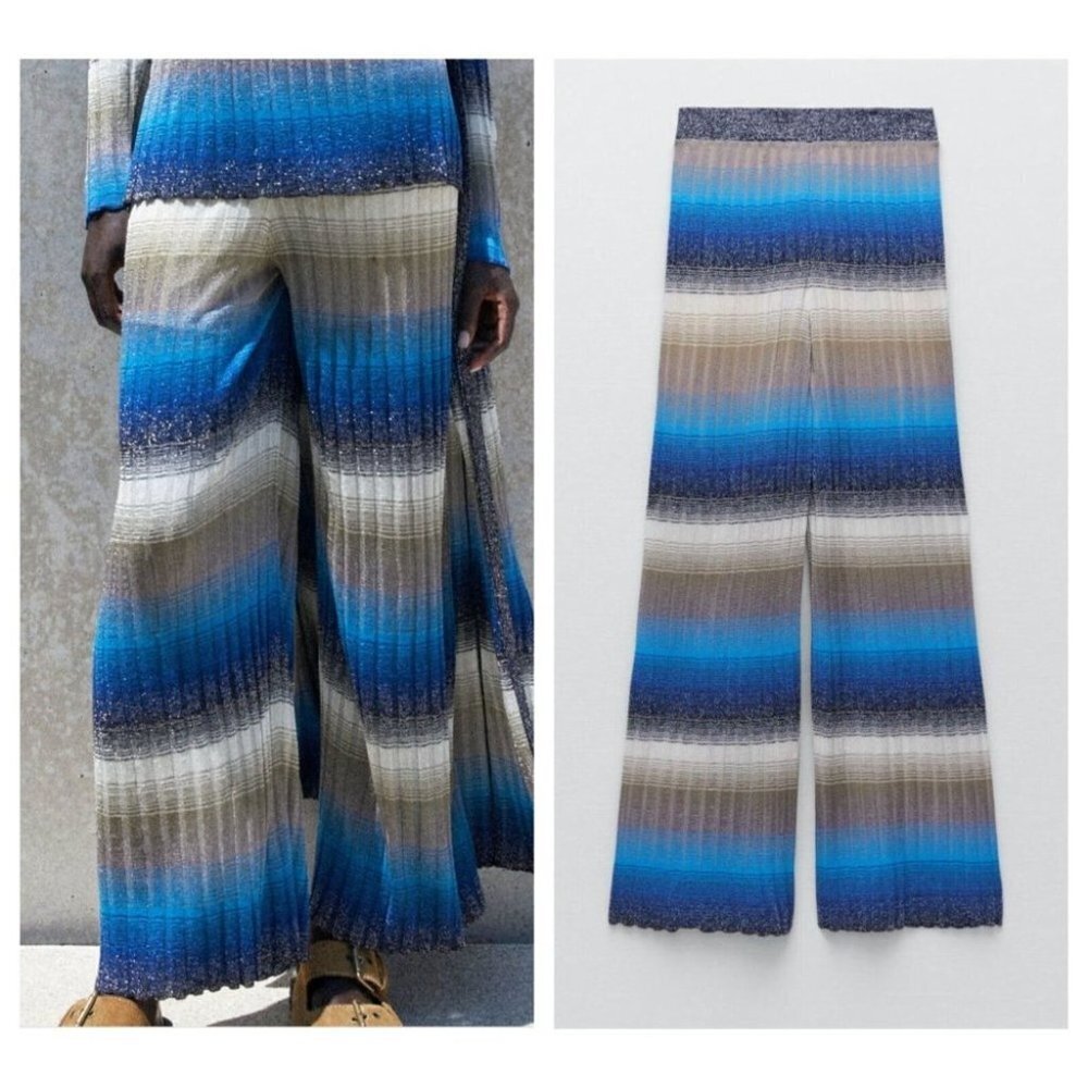 NWOT Zara Metallic Thread Knit Multi Blue Lightweight Wide Leg new years Pants L